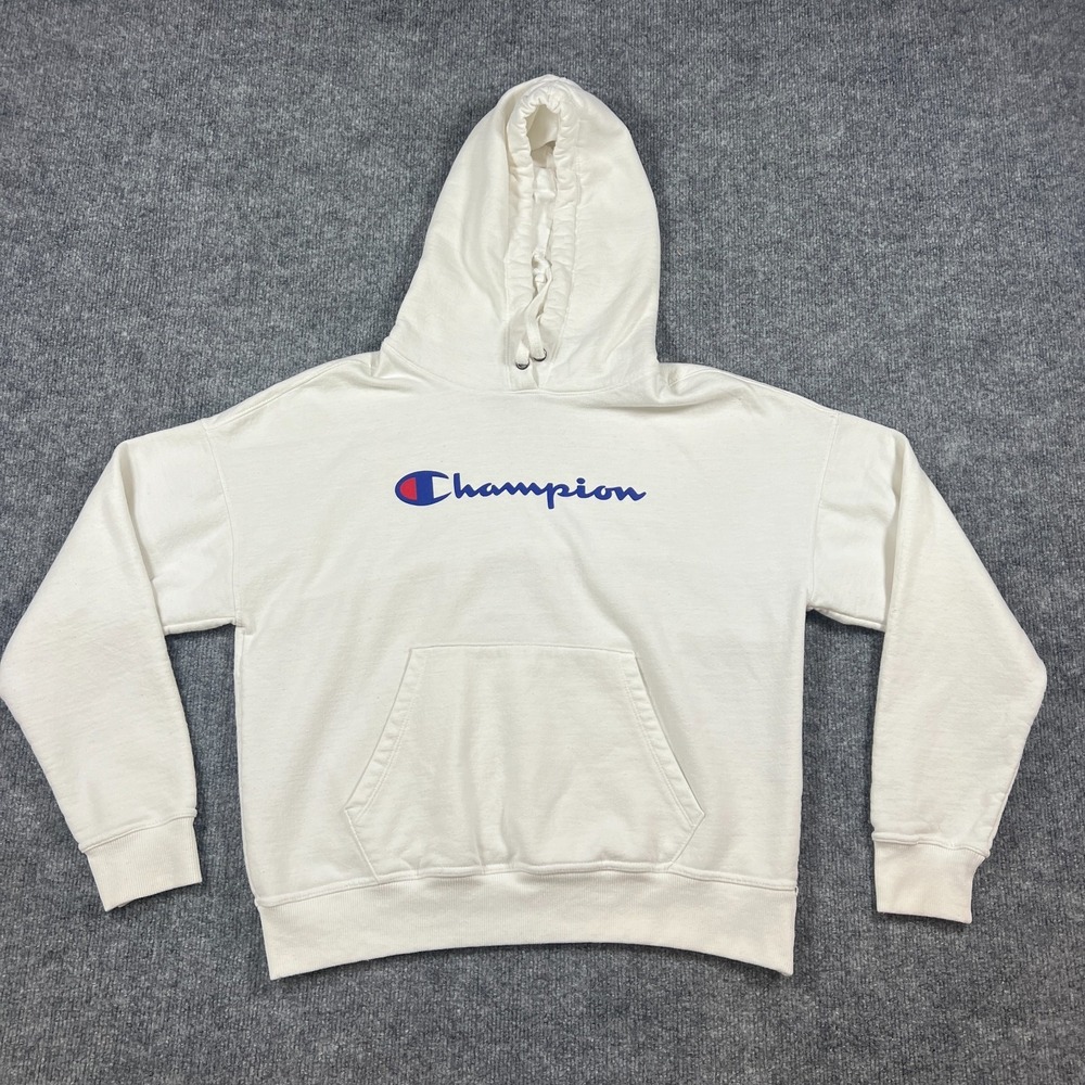 Champion Powerblend Hoodie Womens Medium White Fleece Graphic Kangaroo Pockets